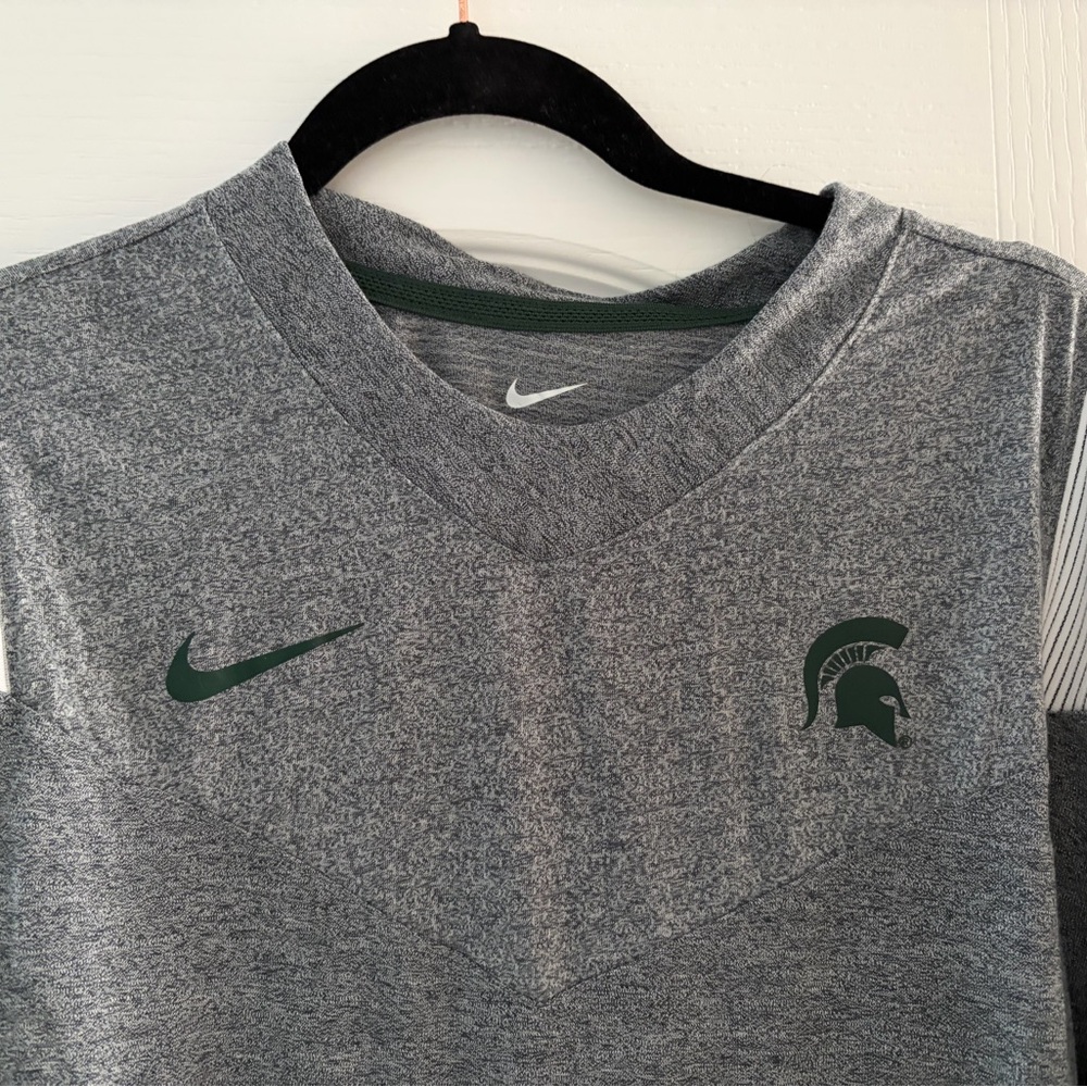 Nike Men's Gray Long Sleeve Tee with Dark Green Logos